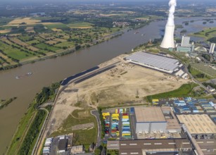 Aerial view, STEAG cogeneration plant Walsum, development and new warehouses logport VI, river