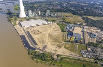 Aerial view, STEAG cogeneration plant Walsum, development and new warehouses logport VI, river