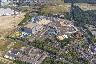 Aerial view, STEAG cogeneration plant Walsum, development and new warehouses logport VI, river