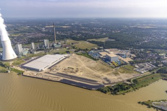 Aerial view, STEAG cogeneration plant Walsum, development and new warehouses logport VI, river