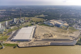 Aerial view, STEAG cogeneration plant Walsum, development and new warehouses logport VI, river