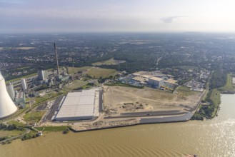 Aerial view, STEAG cogeneration plant Walsum, development and new warehouses logport VI, river