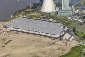 Aerial view, STEAG cogeneration plant Walsum, development and new warehouses logport VI, river