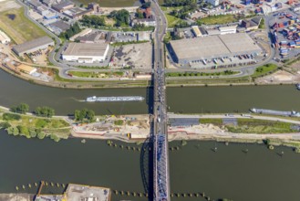 Aerial view, Ruhrort harbour, Karl-Lehr-Bridge, construction site Pontwert, Ruhrort, Duisburg, Ruhr