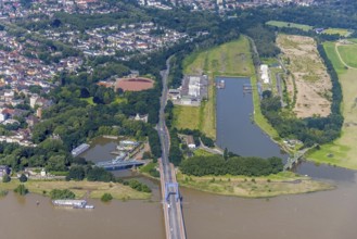 Aerial view, Rheinpreußenhafen, fire and rescue station 5 Homberg, lift bridge Dammstraße, Ruhrort,