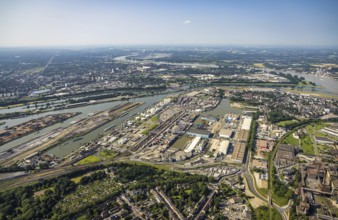 Aerial view, Ruhrort harbour, DUSS terminal, harbour canal, river Ruhr mouth into the river Rhine,