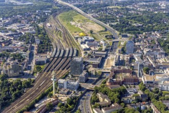 Aerial view, Duisburg central station, construction site Dellviertel, Duisburg, Ruhr area, North