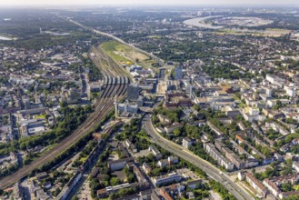 Aerial view, Duisburg central station, construction site Dellviertel, Duisburg, Ruhr area, North