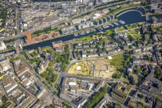 Aerial view, construction site for new Mercator Quartier Duisburg, Gutenbergstraße, Oberstraße,