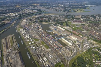 Aerial view, Ruhrort harbour, DUSS terminal, harbour canal, river Ruhr mouth into the river Rhine,