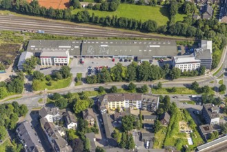 Aerial view, main fire station, fire brigade and civil defence office, city of Duisburg, Duissern,
