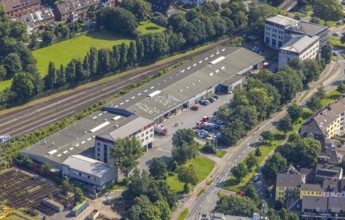 Aerial view, main fire station, fire brigade and civil defence office city of Duisburg, Duissern,