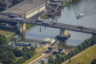 Aerial view, flood river Rhine, Rhine-Herne-Canal with motorway bridge A59 at the lock Meiderich,