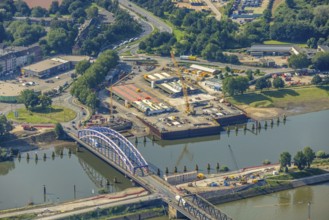 Aerial view, Ruhrort harbour, Karl-Lehr-Bridge, construction site Am Brink corner Kaßlerfelder