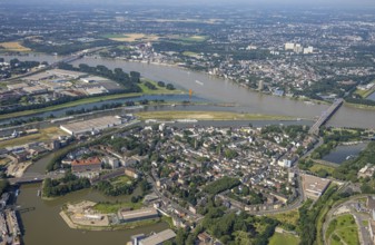 Aerial view, flood river Rhine, Ruhr estuary into the Rhine, Friedrich-Ebert-Bridge, Rhine orange