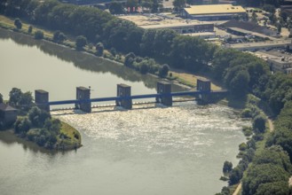 Aerial view, flood river Rhine, river Ruhr with Ruhr weir Duisburg, Ruhrort, Duisburg, Ruhr area,