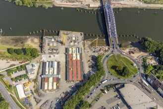Aerial view, Ruhrort harbour, Karl-Lehr-Bridge, construction site Am Brink corner Kaßlerfelder