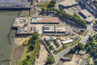 Aerial view, Ruhrort harbour, Karl-Lehr-Bridge, construction site Am Brink corner Kaßlerfelder