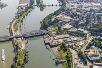 Aerial view, Ruhrort harbour, Karl-Lehr-Bridge, construction site Am Brink corner Kaßlerfelder