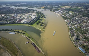Aerial view, flood river Rhine, Ruhr estuary into the Rhine, Rhine orange sculpture, Ruhrort,