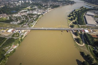 Aerial view, construction site at the A40 Rhine bridge Neuenkamp, river Rhine, Alt-Homberg,