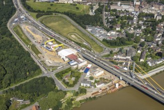 Aerial view, construction site at the A40 Rhine bridge Neuenkamp, river Rhine, Alt-Homberg,