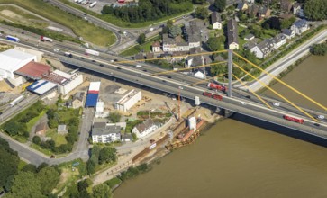 Aerial view, construction site at the A40 Rhine bridge Neuenkamp, river Rhine, Alt-Homberg,