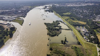 Aerial view, flood river Rhine, entrance to the outer harbour, flooding Rheinwiesen Rheinhausen and