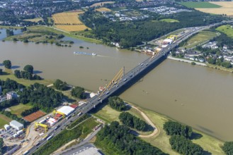 Aerial view, construction site at the A40 Rhine bridge Neuenkamp, river Rhine, Alt-Homberg,