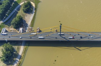Aerial view, construction site at the A40 Rhine bridge Neuenkamp, river Rhine, Alt-Homberg,