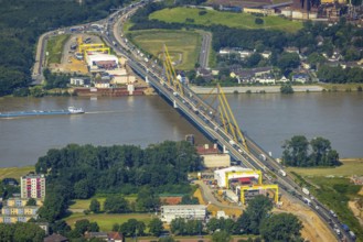Aerial view, construction site at the A40 Rhine bridge Neuenkamp, river Rhine, Alt-Homberg,