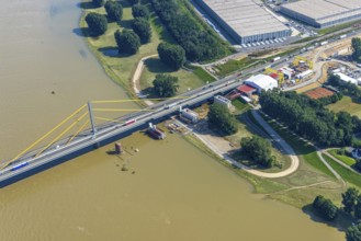 Aerial view, construction site at the A40 Rhine bridge Neuenkamp, river Rhine, Alt-Homberg,