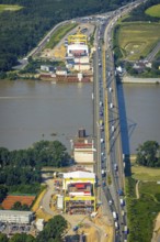 Aerial view, construction site at the A40 Rhine bridge Neuenkamp, river Rhine, Alt-Homberg,
