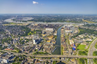 Aerial view, outer harbour and parallel harbour, river Rhine, Neuenkamp, Duisburg, Ruhr area, North