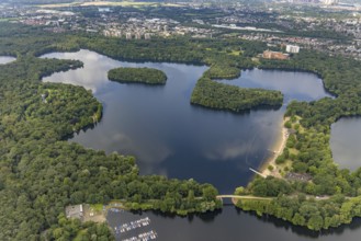 Aerial view, 6-Lakes-Platte, Wolfssee and Yellow Bridge, Wedau, Duisburg, Ruhr area, North