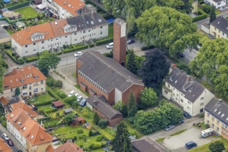 Aerial view, catholic church St. Joseph, Wedau, Duisburg, Ruhr area, North Rhine-Westphalia,