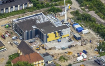 Aerial view, construction site at the repair works Wedau, Werkstättenstraße, Wedau, Duisburg, Ruhr