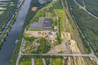 Aerial view, construction site at the repair works Wedau, Werkstättenstraße, Wedau, Duisburg, Ruhr