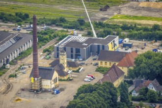 Aerial view, construction site at the repair works Wedau, Werkstättenstraße, Wedau, Duisburg, Ruhr