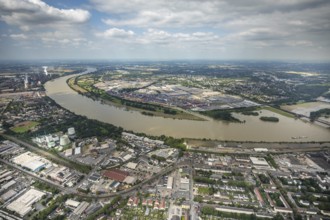 Aerial view, flood river Rhine, logport I, logistics terminal, container port, automobile