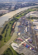 Aerial view, flood river Rhine, logport I, logistics terminal, container port, automobile