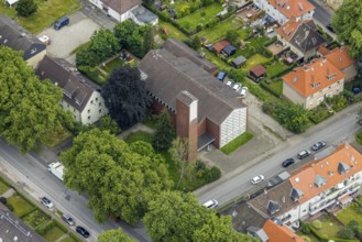 Aerial view, catholic church St. Joseph, Wedau, Duisburg, Ruhr area, North Rhine-Westphalia,