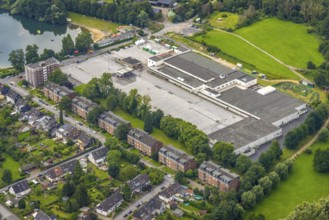 Aerial view, new development area former Real site at Großenbaumer See, Corona rapid test centre,