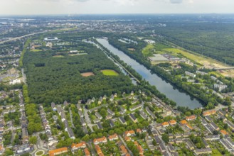 Aerial view, sports park Duisburg with Schauinsland-Reisen-Arena and sports school Wedau, regatta