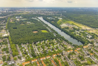 Aerial view, sports park Duisburg with Schauinsland-Reisen-Arena and sports school Wedau, regatta