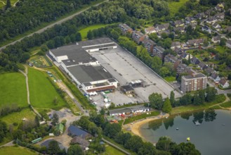 Aerial view, new development area former Real site at Großenbaumer See, Corona rapid test centre,