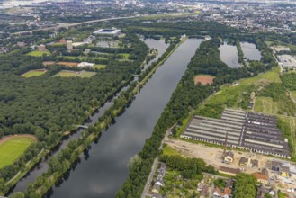 Aerial view, Sportpark Duisburg with Schauinsland-Reisen-Arena and sports school Wedau, regatta