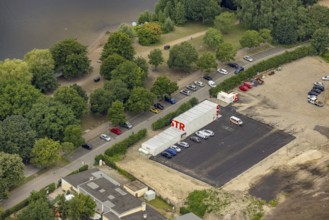 Aerial view, Strabag construction container at Lake Masuria, Wedau, Duisburg, Ruhr area, North