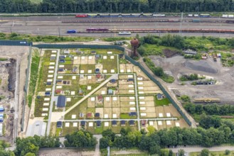 Aerial view, construction site and new railway allotment garden site at the former marshalling yard