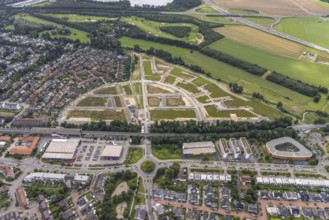Aerial view, new development area Am Alten Angerbach, new housing estate Angerbogen, Düsseldorfer